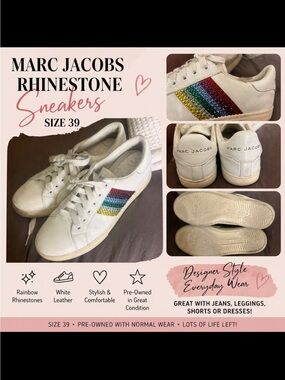 Marc Jacobs White Rhinestone Rainbow Stripe Leather Sneakers - Size 39
